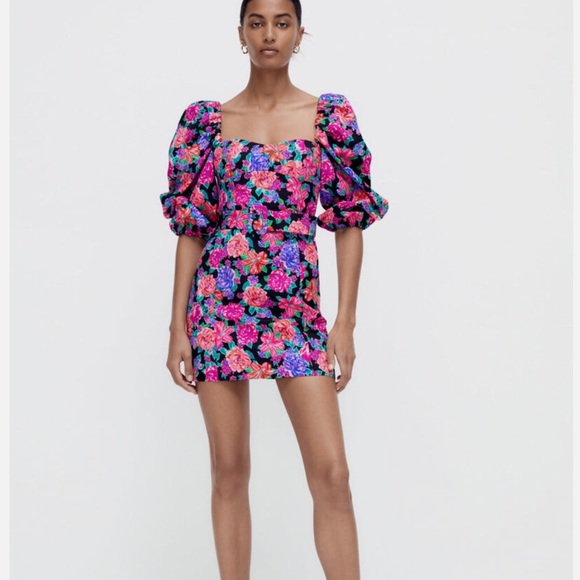 BLOGGERS FAVE NWOT ZARA Purple Pink Sheath Dress with Puff Sleeves - Picture 7 of 16